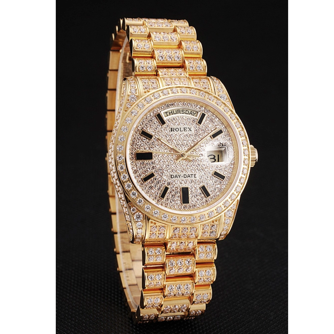 Aaa replica watch Full Day Rolex Date Gold Pave Swiss Yellow Diamond 0816